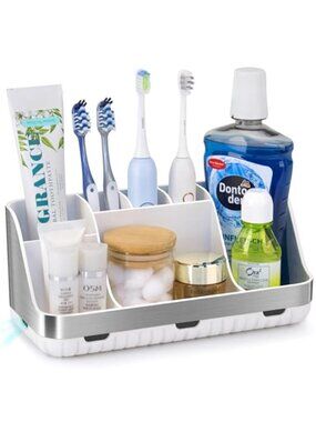 Bathroom Organizer Toothbrush Holder Countertop Storage 2 Tier 7 Slot Tray